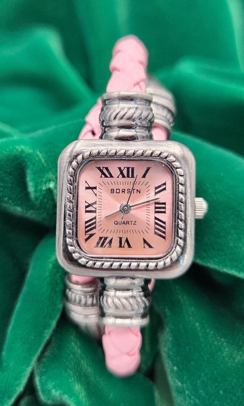 Vintage Borstn Pink Braided Wrap Watch Antique Silver Cable Cuff WORKING
